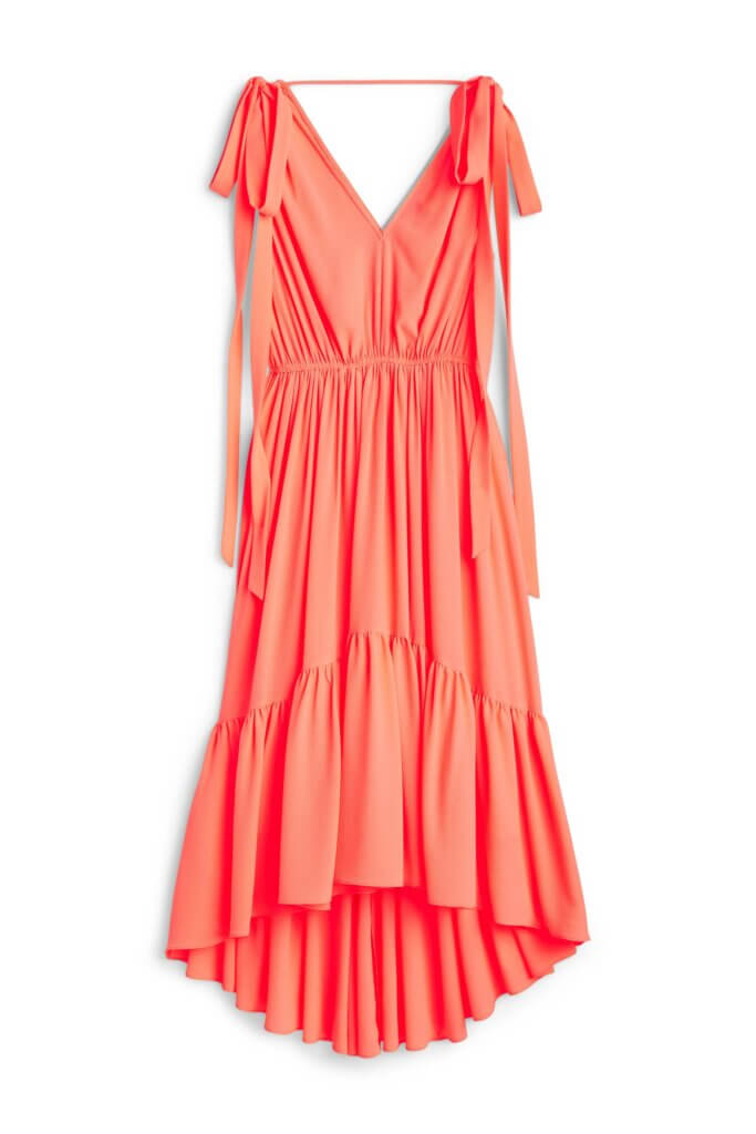 Stitch Fix women's peach sleeveless tie shoulder ruffle maxi dress.