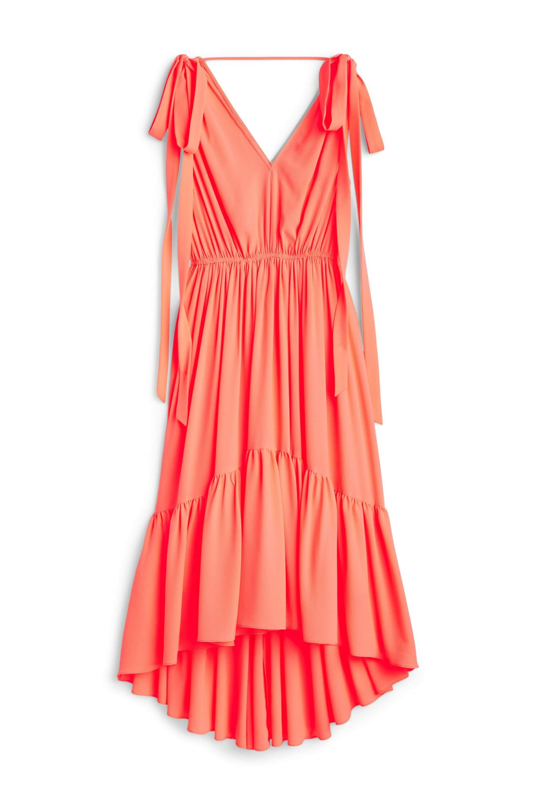 Stitch Fix women's peach sleeveless tie shoulder ruffle maxi dress.