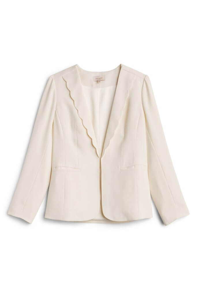 Stitch Fix women’s off-white blazer with scalloped collar.