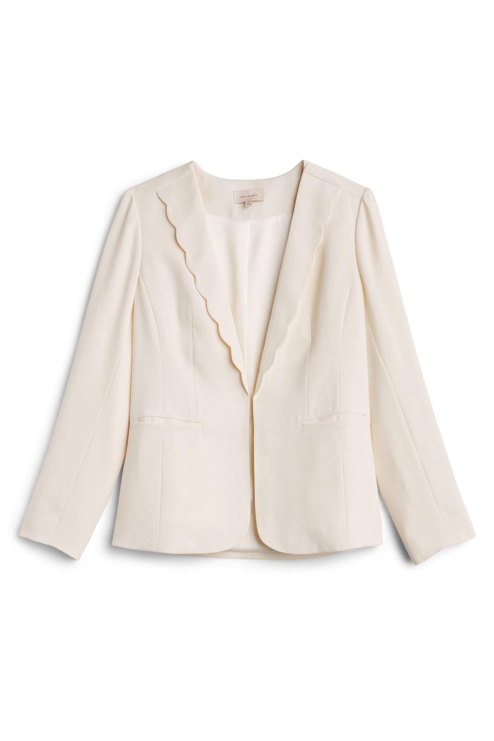 Stitch Fix women’s off-white blazer with scalloped collar.