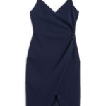 Stitch Fix women’s sleeveless fitted faux-wrap style navy blue dress for a wedding.