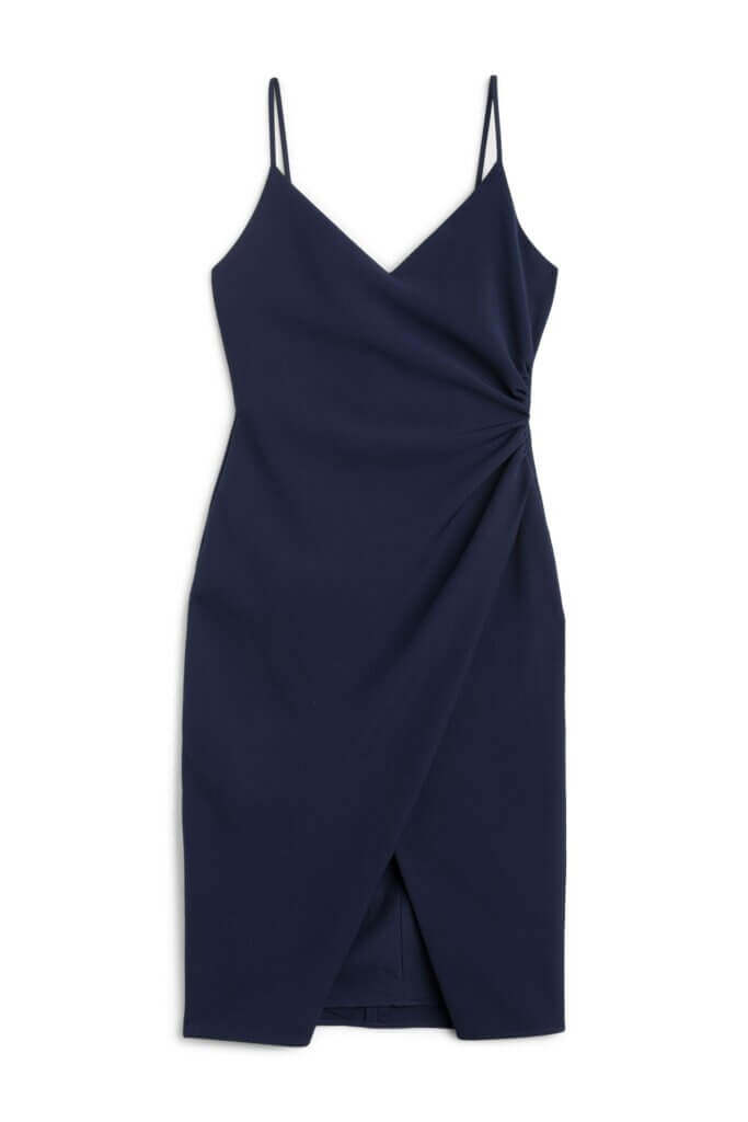 Stitch Fix women’s sleeveless fitted faux-wrap style navy blue dress for a wedding.