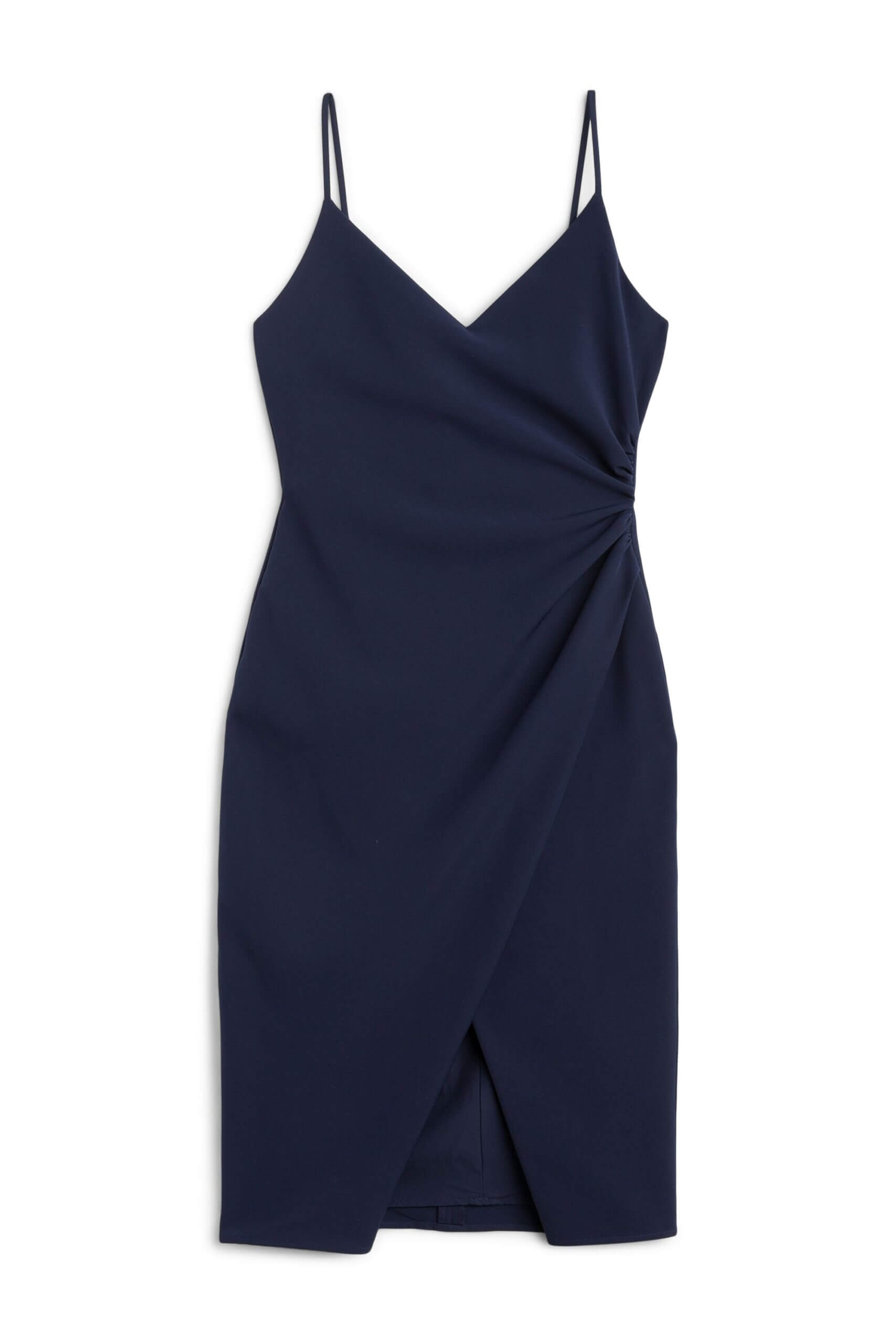 Stitch Fix women’s sleeveless fitted faux-wrap style navy blue dress for a wedding.