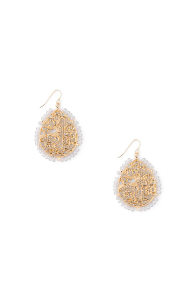 Stitch Fix women’s gold filigree and grey bead drop earrings.
