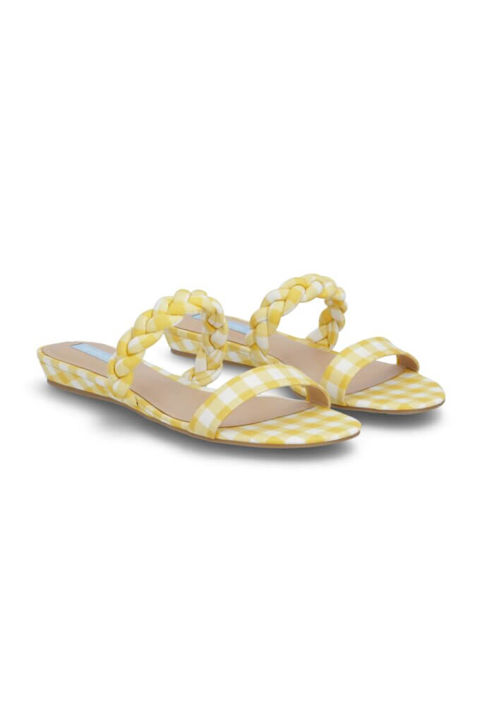 Stitch Fix women’s yellow gingham print slide sandals.