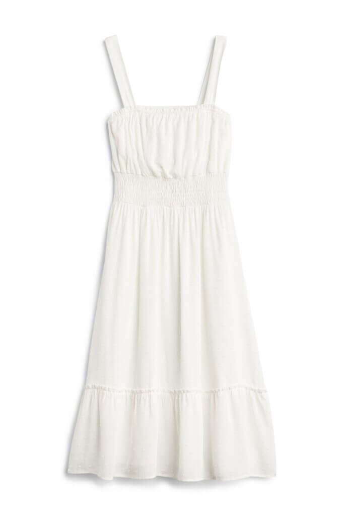 Stitch Fix women’s cottagecore aesthetic white dress with smocked waist.