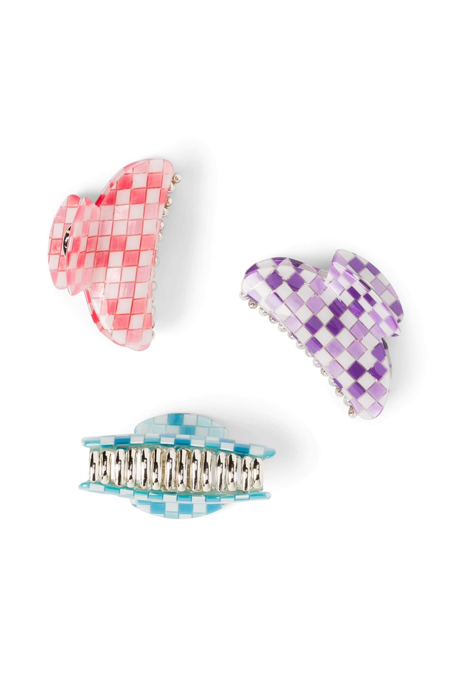 Stitch Fix women's pink, purple and blue claw clips with checkered print.