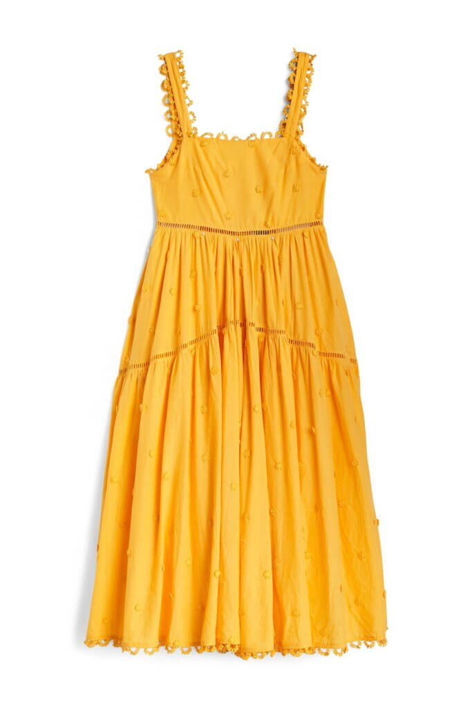 Stitch Fix women's yellow maxi dress with 3D flower detail.