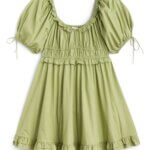 Stitch Fix women’s green smocked short-sleeve mini dress.