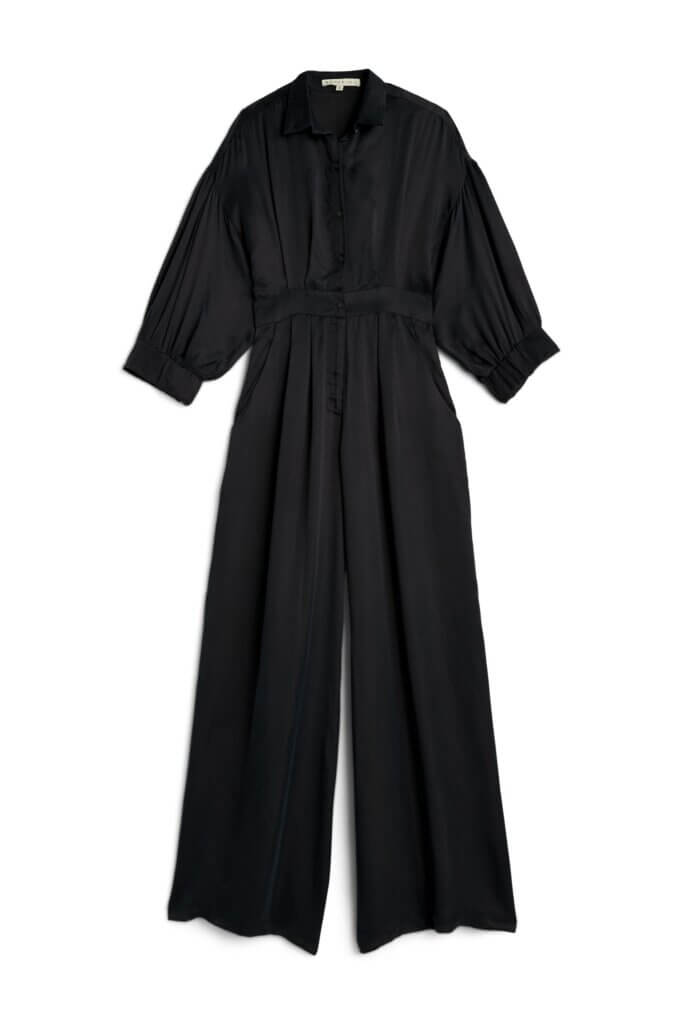 Stitch Fix women’s business formal black long-sleeve wide-leg collared jumpsuit.