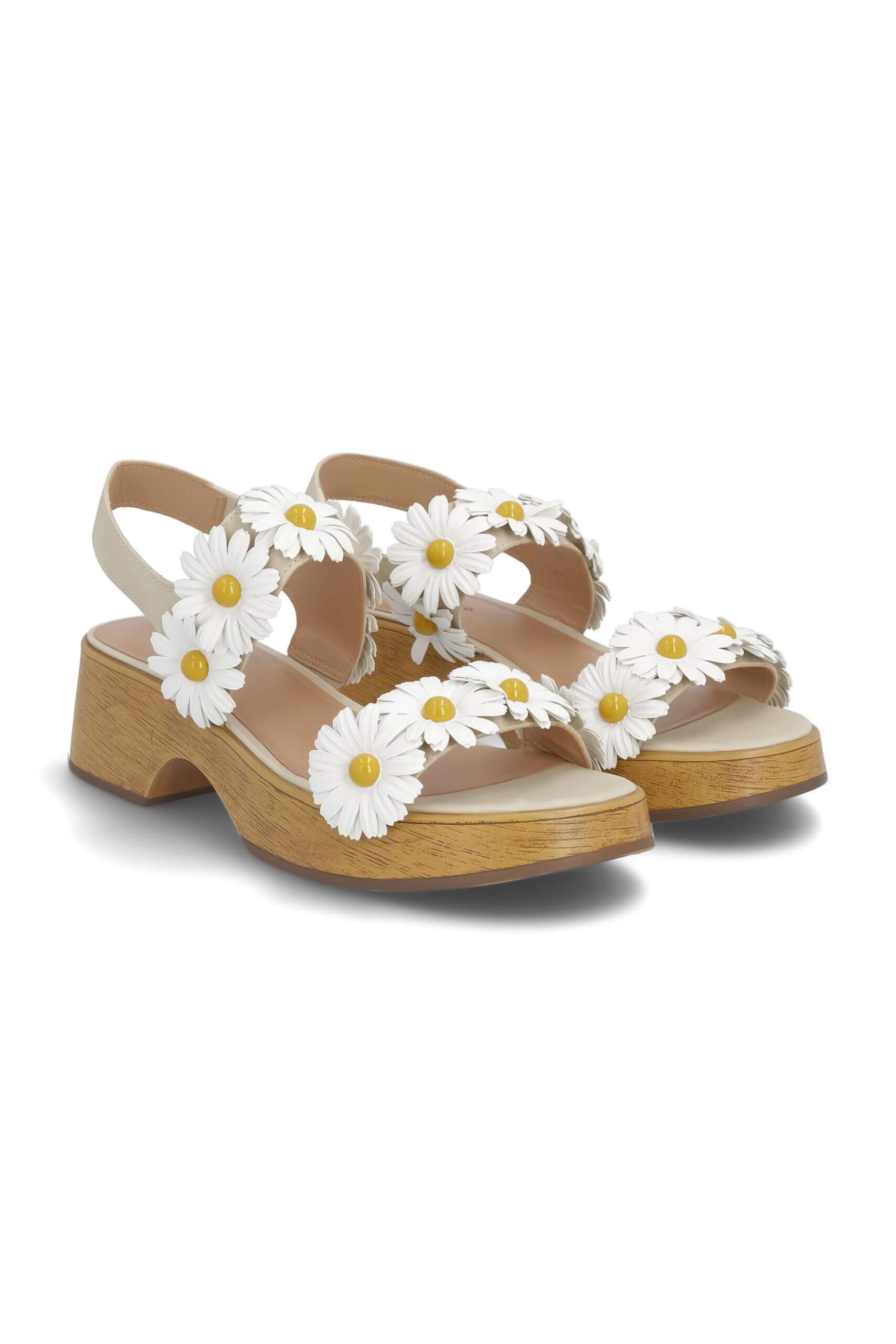 Stitch Fix women's beige platform sandals with daisies.