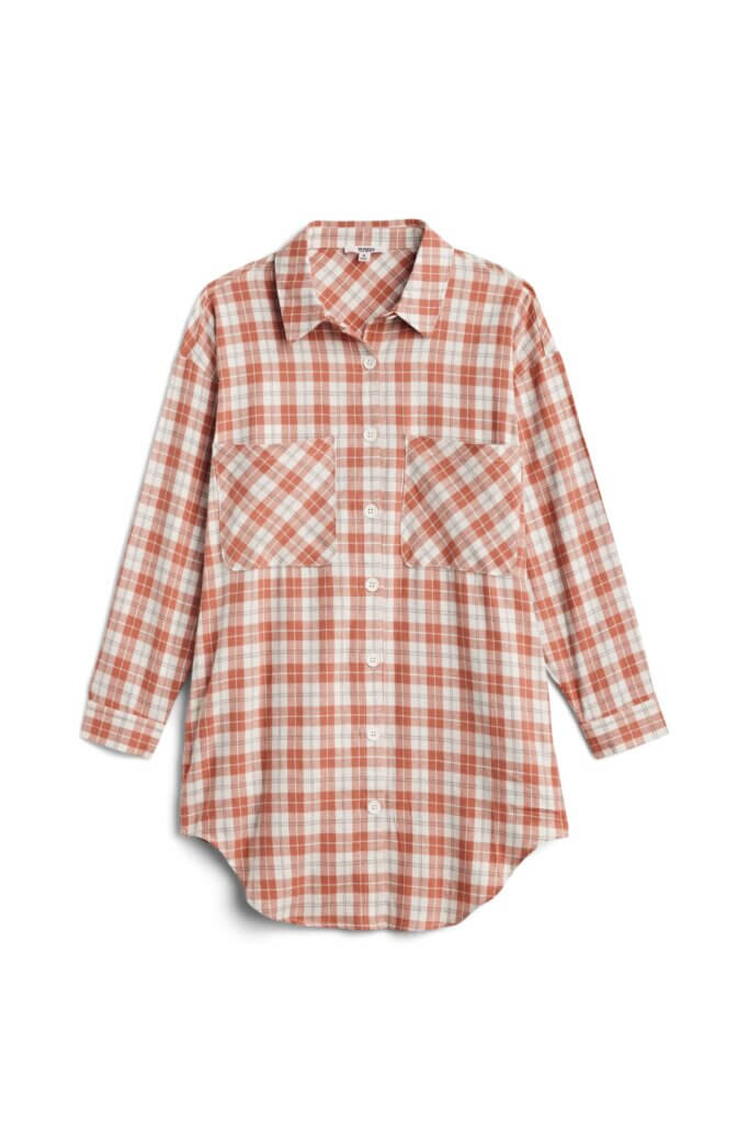 Stitch Fix women’s pink and white long sleeve button-down plaid shirt.