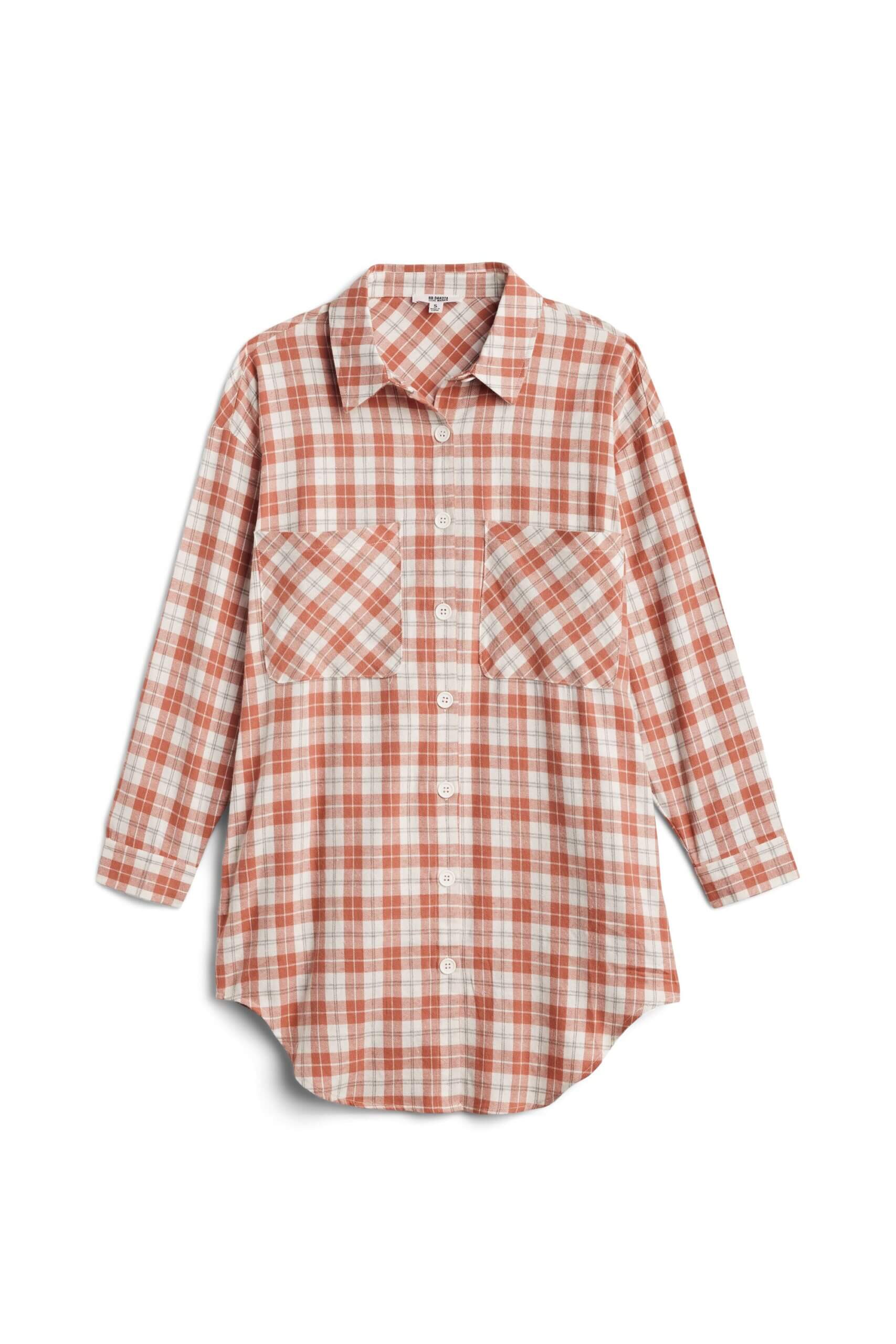 Stitch Fix women’s pink and white long sleeve button-down plaid shirt.