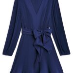Stitch Fix women’s long-sleeved navy blue dress for a wedding with waist tie detail.