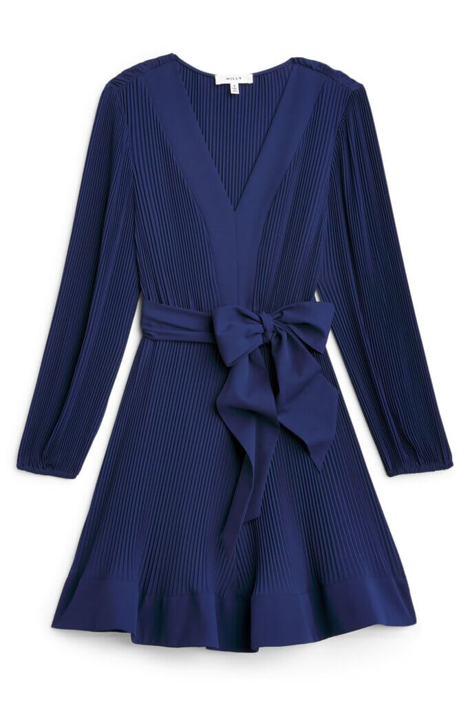 Stitch Fix women’s long-sleeved navy blue dress for a wedding with waist tie detail.