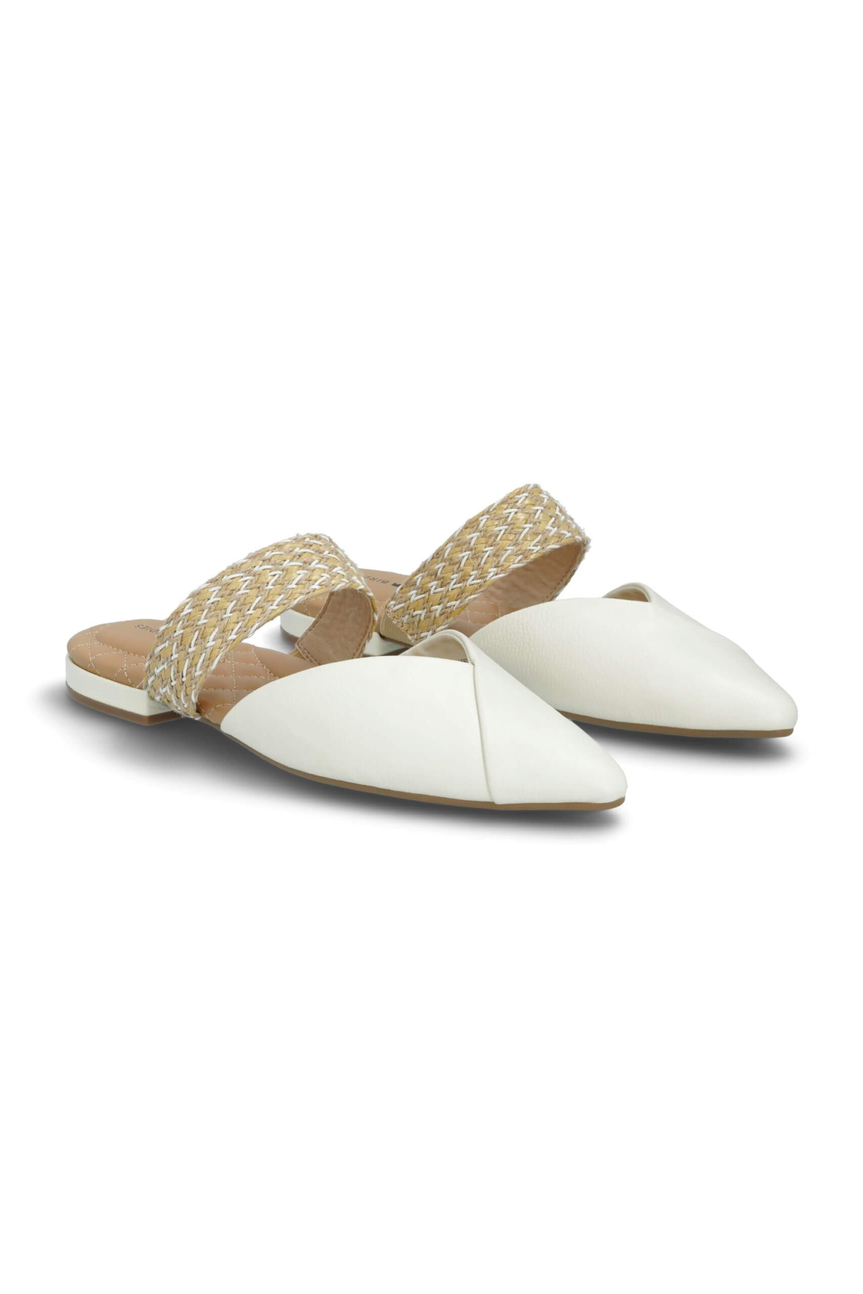 Stitch Fix women’s white pointed-toe mule flats with gold braided foot strap.