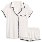 Stitch Fix women’s white short-sleeve and short sleep set with black stitching details.