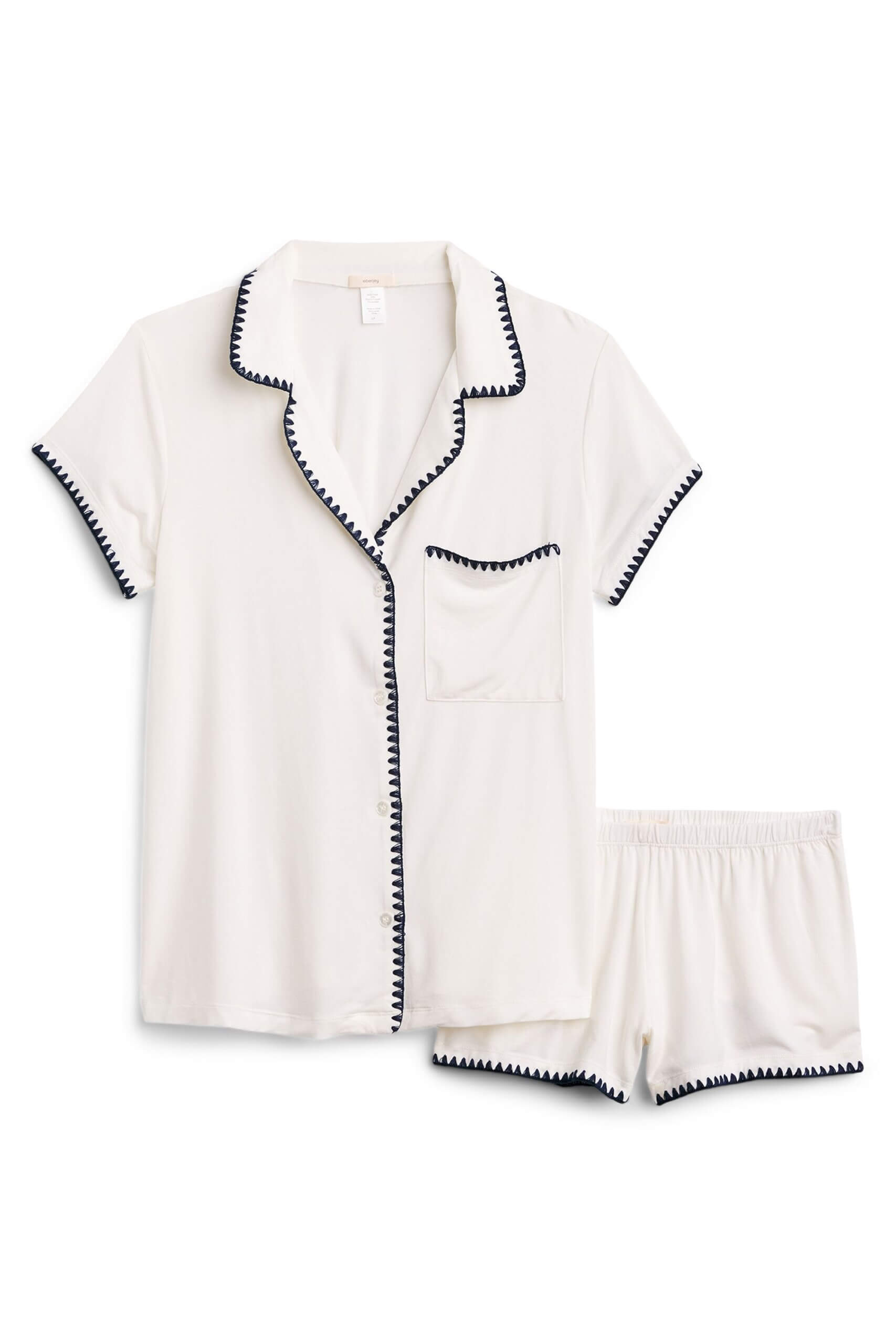 Stitch Fix women’s white short-sleeve and short sleep set with black stitching details.