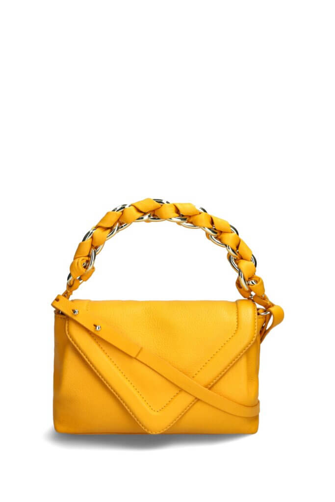 Stitch Fix women’s yellow envelope purse with braided top handle.