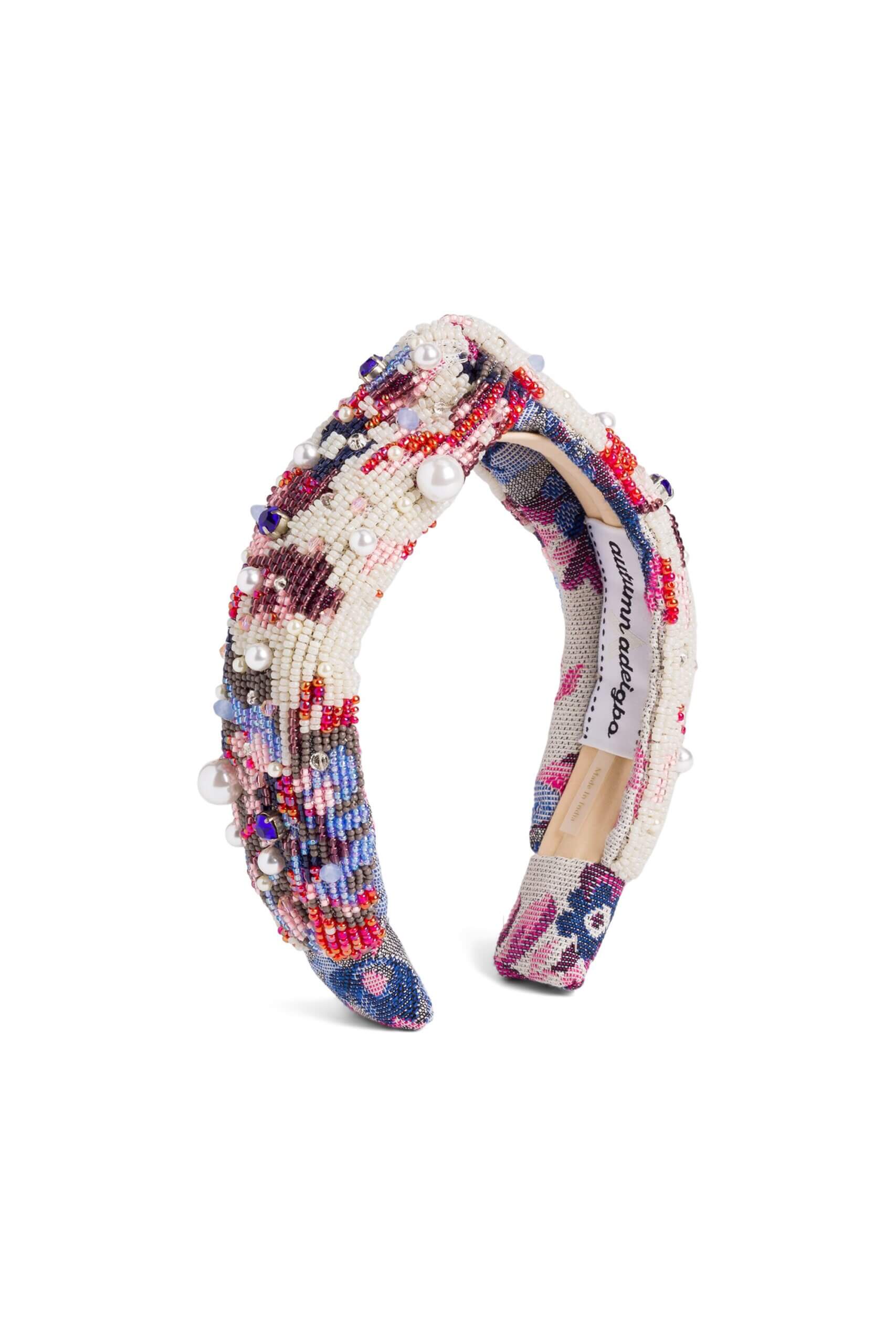 Stitch Fix women’s blue, red white and pink knotted headband with pearl details.