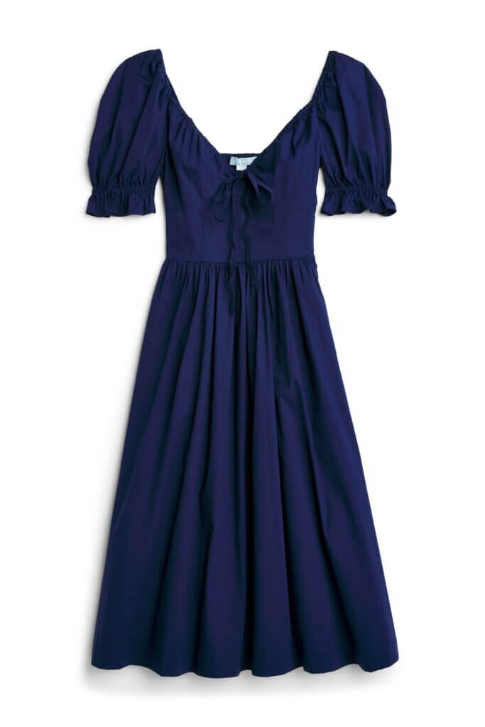 Stitch Fix women’s short-sleeved maxi navy blue dress for a wedding with puff sleeves.