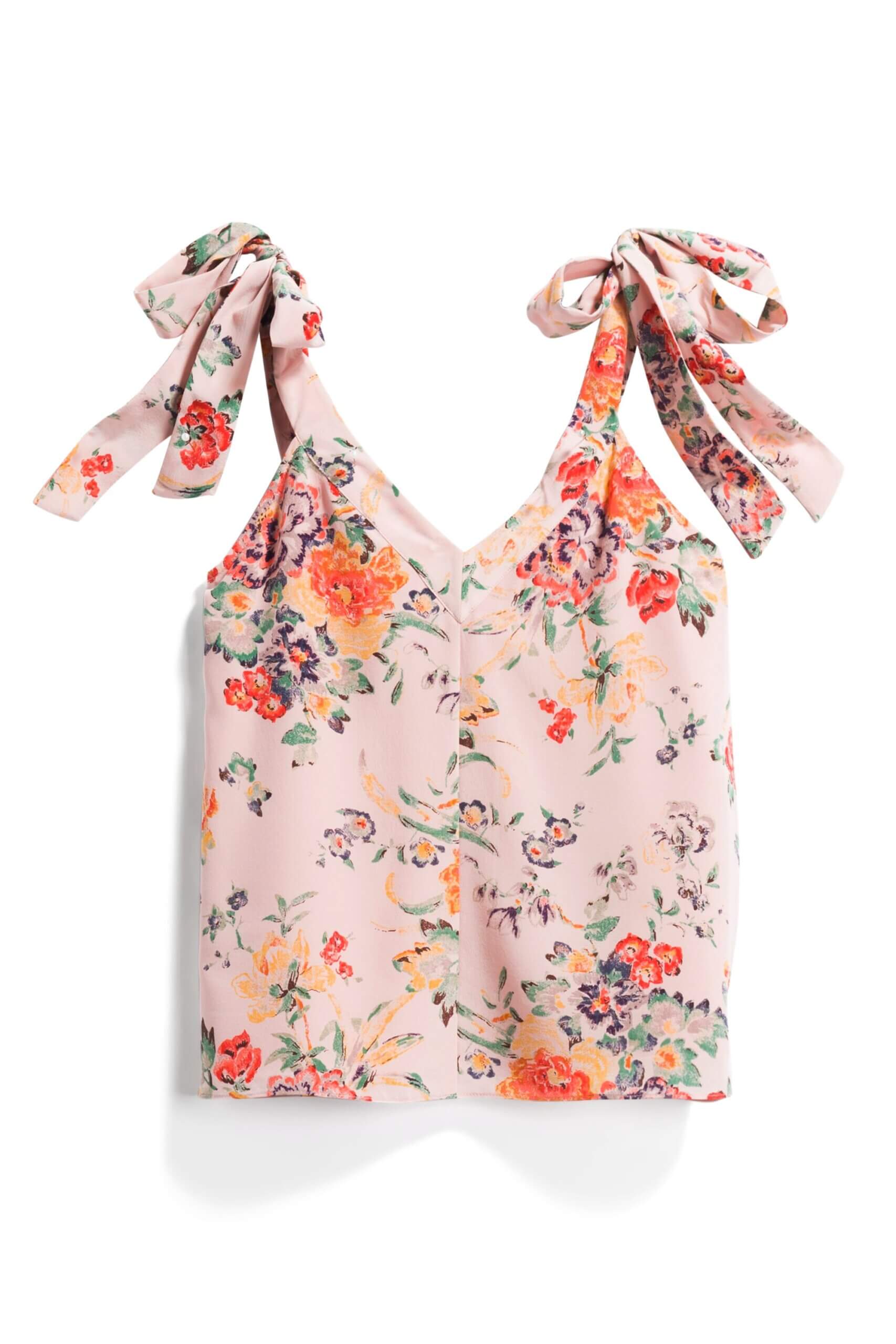 Stitch Fix women's pink floral print tank with tie sleeves.