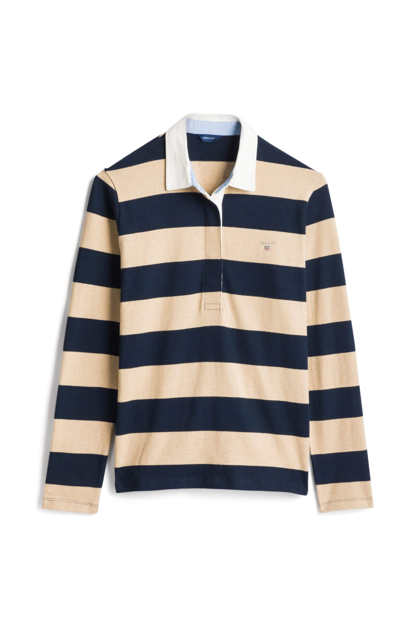 Stitch Fix women’s beige and navy striped long-sleeve rugby shirt with white collar.