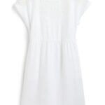 Stitch Fix women’s linen little white dress with short sleeves and lace detailing.