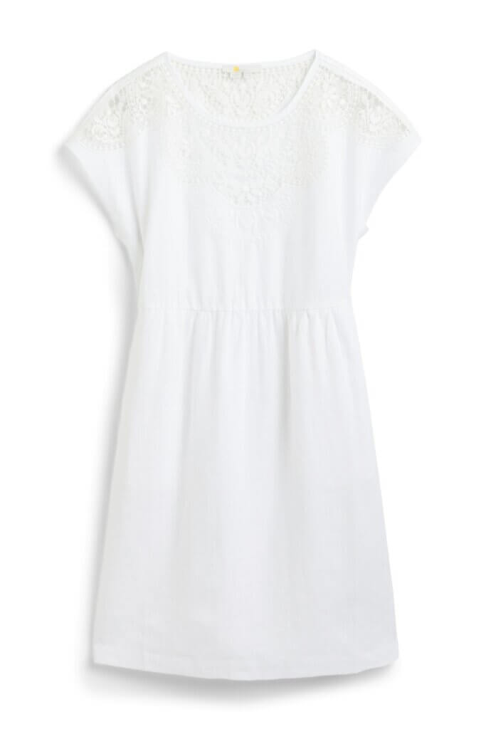 Stitch Fix women’s linen little white dress with short sleeves and lace detailing.