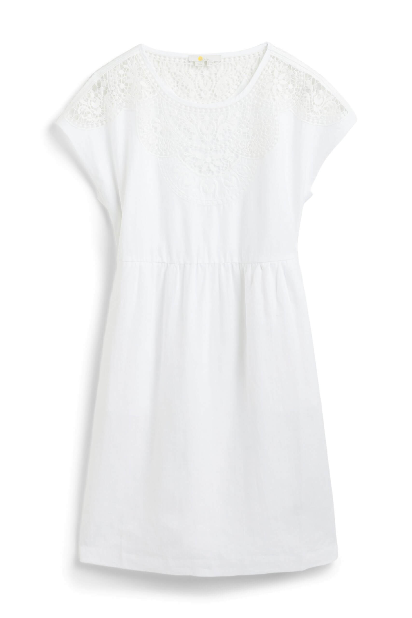 Stitch Fix women’s linen little white dress with short sleeves and lace detailing.
