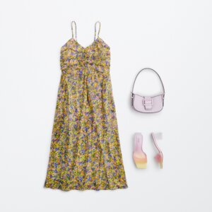 summer rehearsal dinner outfit for women with patterned dress