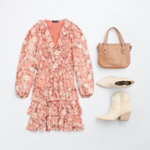concert outfit with orange dress and white boots