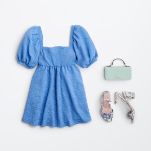 summer rehearsal dinner outfit with blue dress and shoes