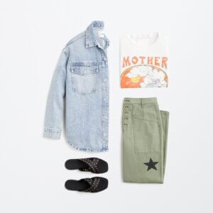 concert outfit with graphic tee, studded sandals, and jean top
