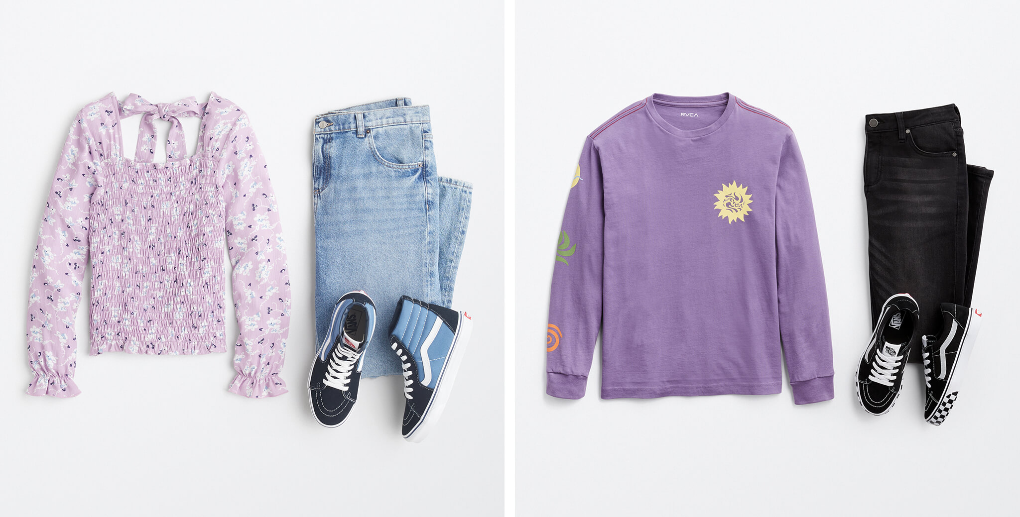 middle school outfits with purple floral top and long sleeve t-shirt