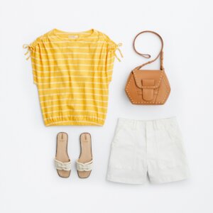 Picnic outfit with gingham top, white shorts, and sandals