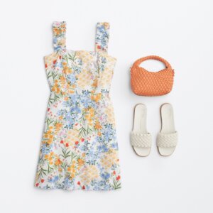 picnic outfit with summer print dress and sandals