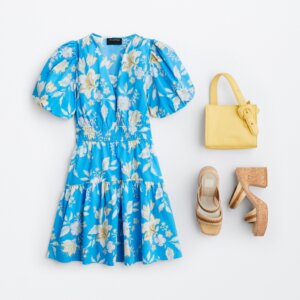 Summer outdoor wedding outfit with puffy sleeve dress and heels