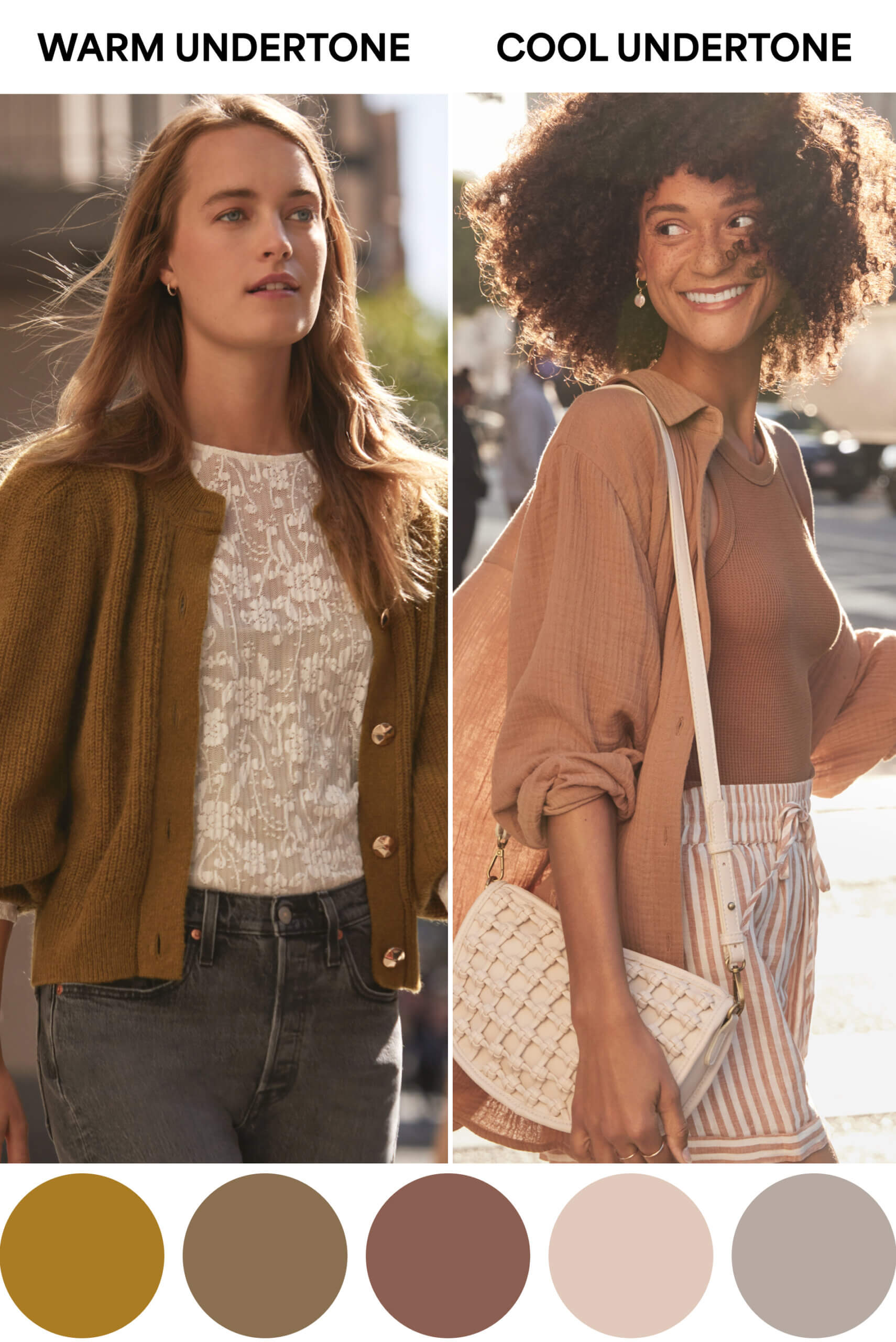 On the left, a medium-skinned woman with black hair wearing jeans and an off-white shirt and jacket. On the right, a light-skinned woman with red hair wearing olive pants, a brown and tan polka-dot shirt, and a tan sweater. Below them, five circles in neutral shades.