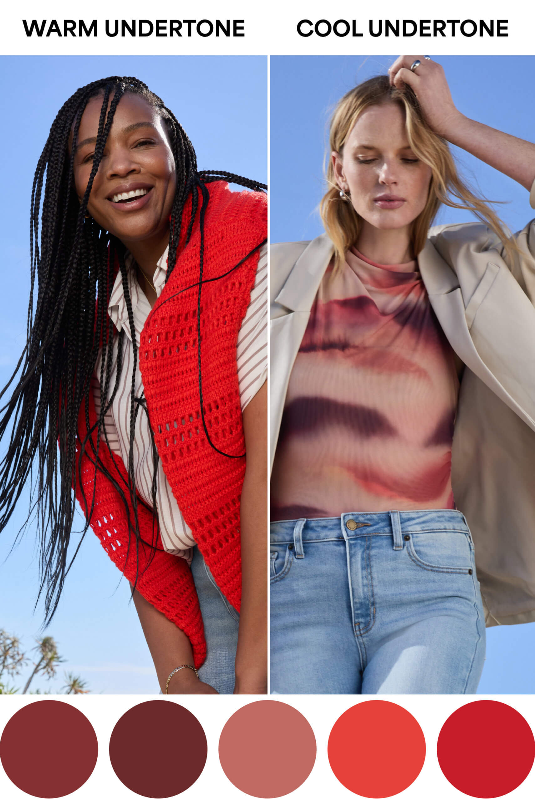 On the left, a dark-skinned woman with brown hair wearing a floral skirt and burgundy sweater and jacket. On the right, a light-skinned woman with blonde hair wearing olive pants and a red hoodie. Below them, five circles in shades of red.