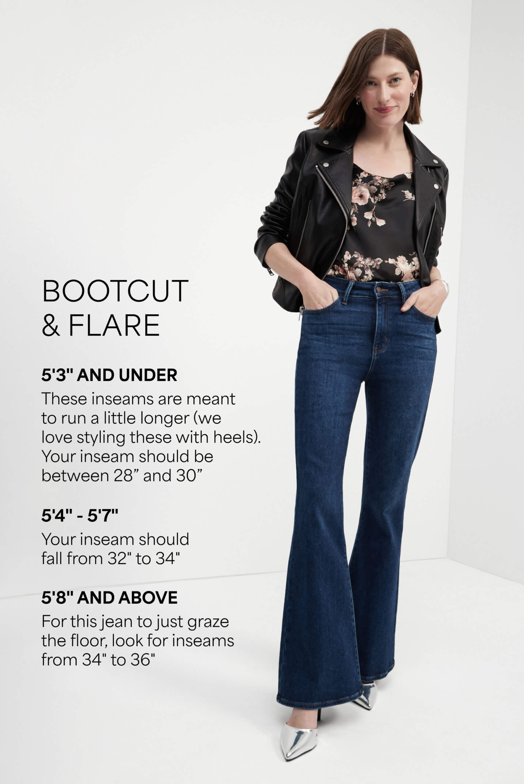 Woman wearing flare jeans with chart of inseams by height 