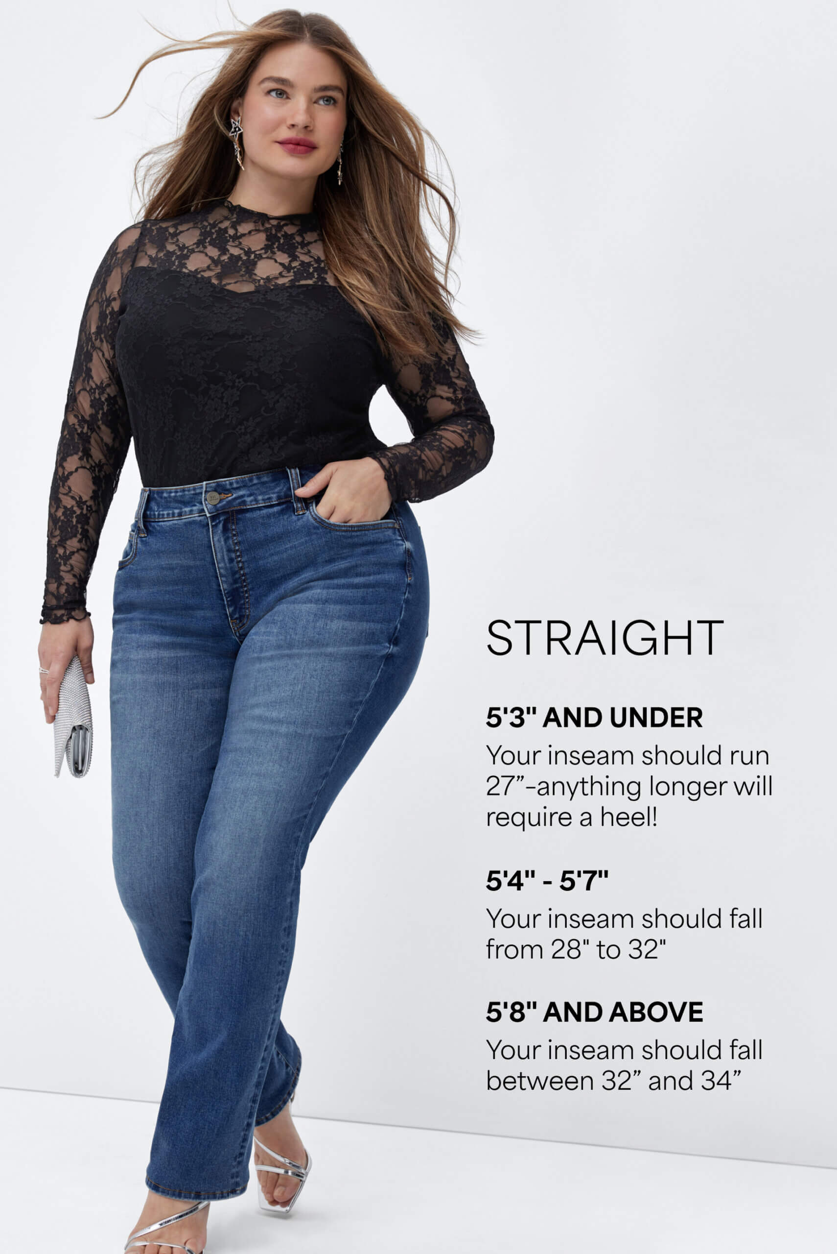 Woman wearing straight-leg jeans with chart of inseams by height 
