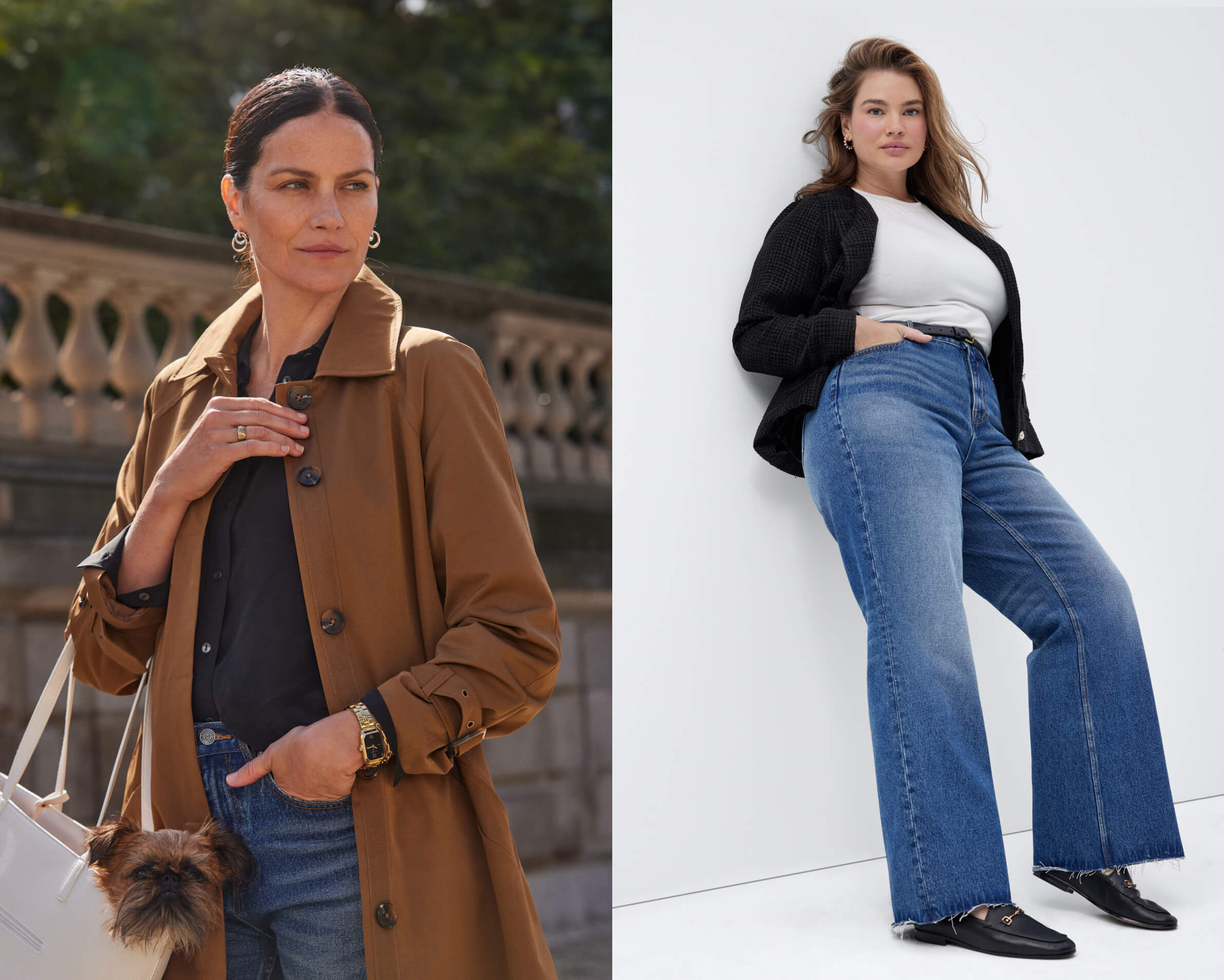 On the left a woman wears a long brown coat over a black button-down shirt and blue jeans, while carrying her dog in her purse and on the right a curvy woman wears an open black blazer, a white shirt, blue flare jeans and black flats.