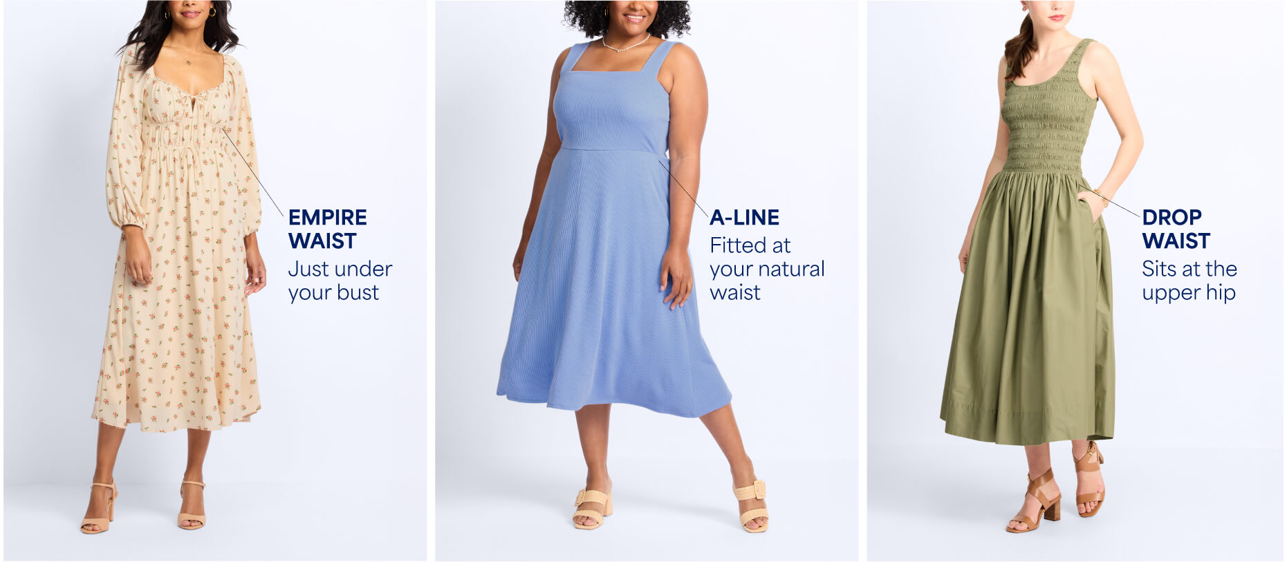 woman in empire waist woman in a-line dress woman in drop waist dress