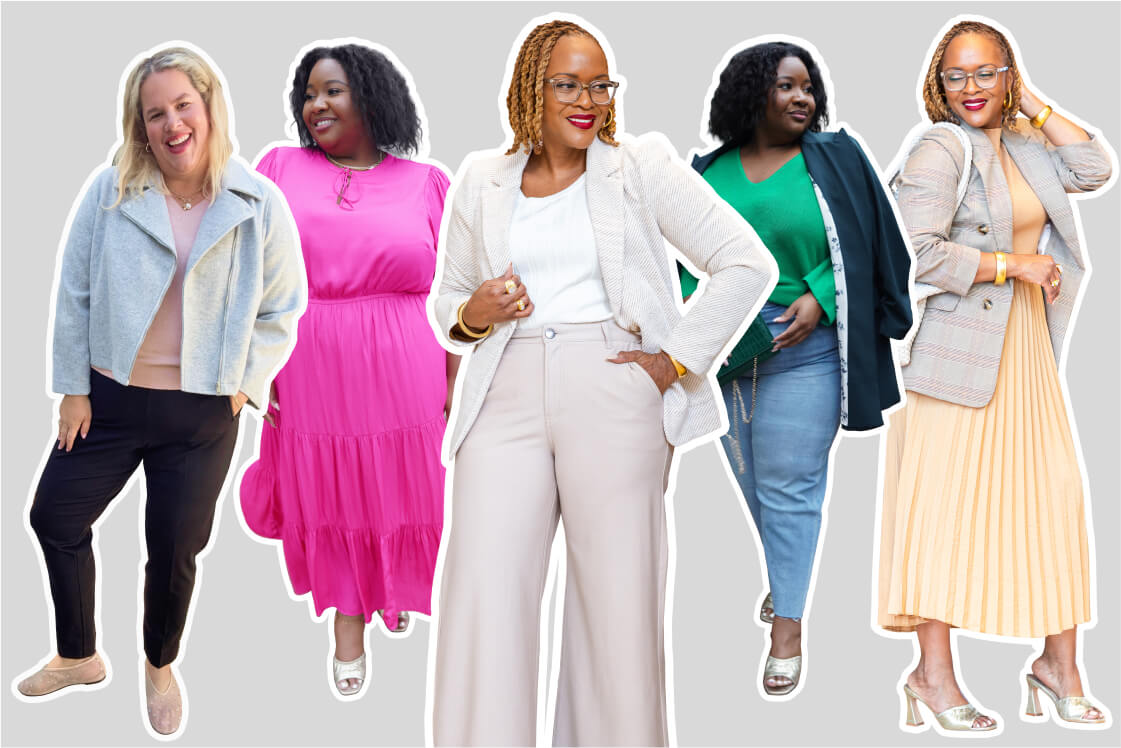 women with oval body shapes in stylish outfits