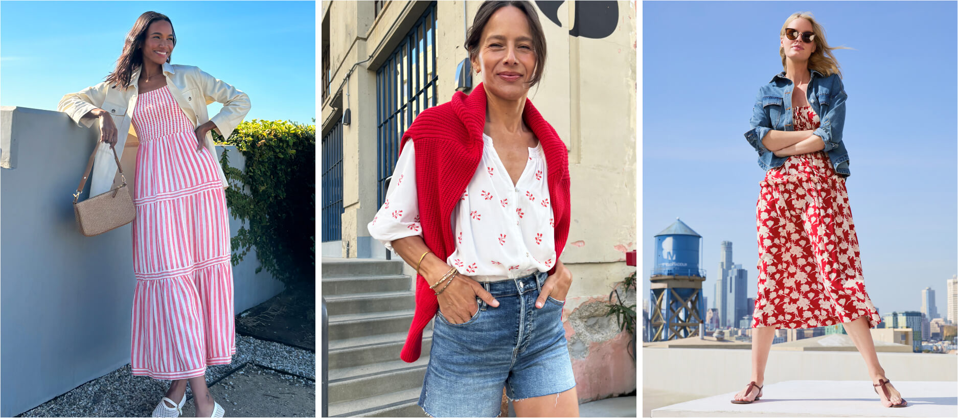 women in coastal casual attire for the summer including sun dresses, jean shorts, and jean jackets