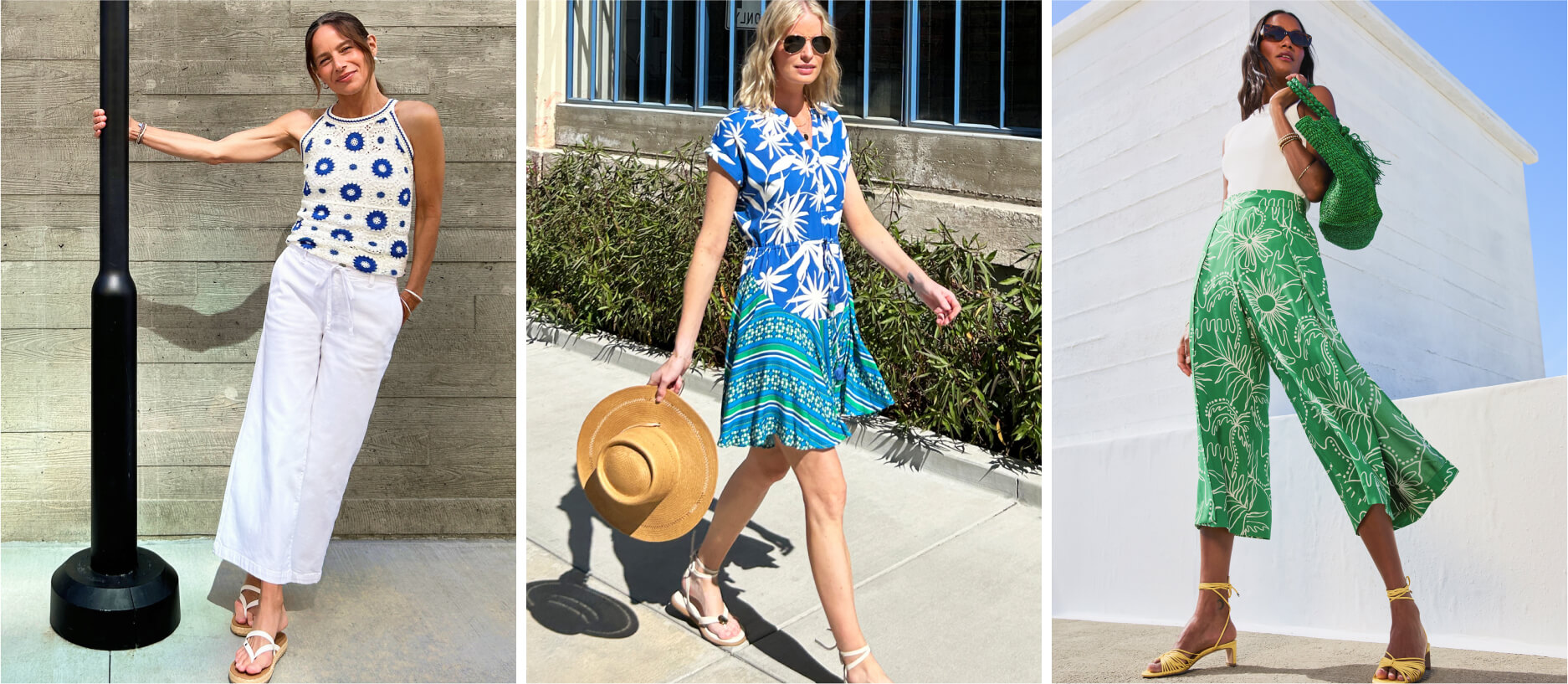 women in resort wear for the summer including white pants, skirts, and flowy pants
