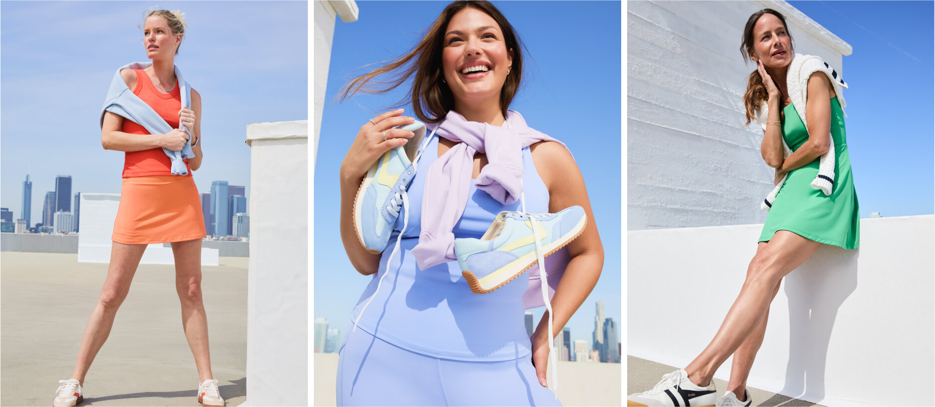 women in monochrome athleisure outfits including tennis skirts in orange, purple, and green