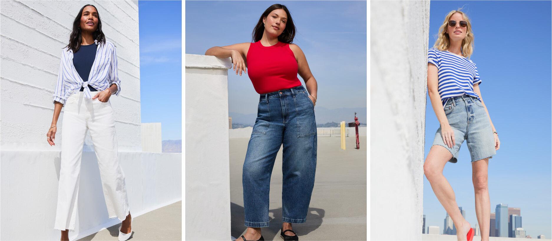 women in outfits with jeans for the summer including white denim, denim shorts, and wide leg denim pants