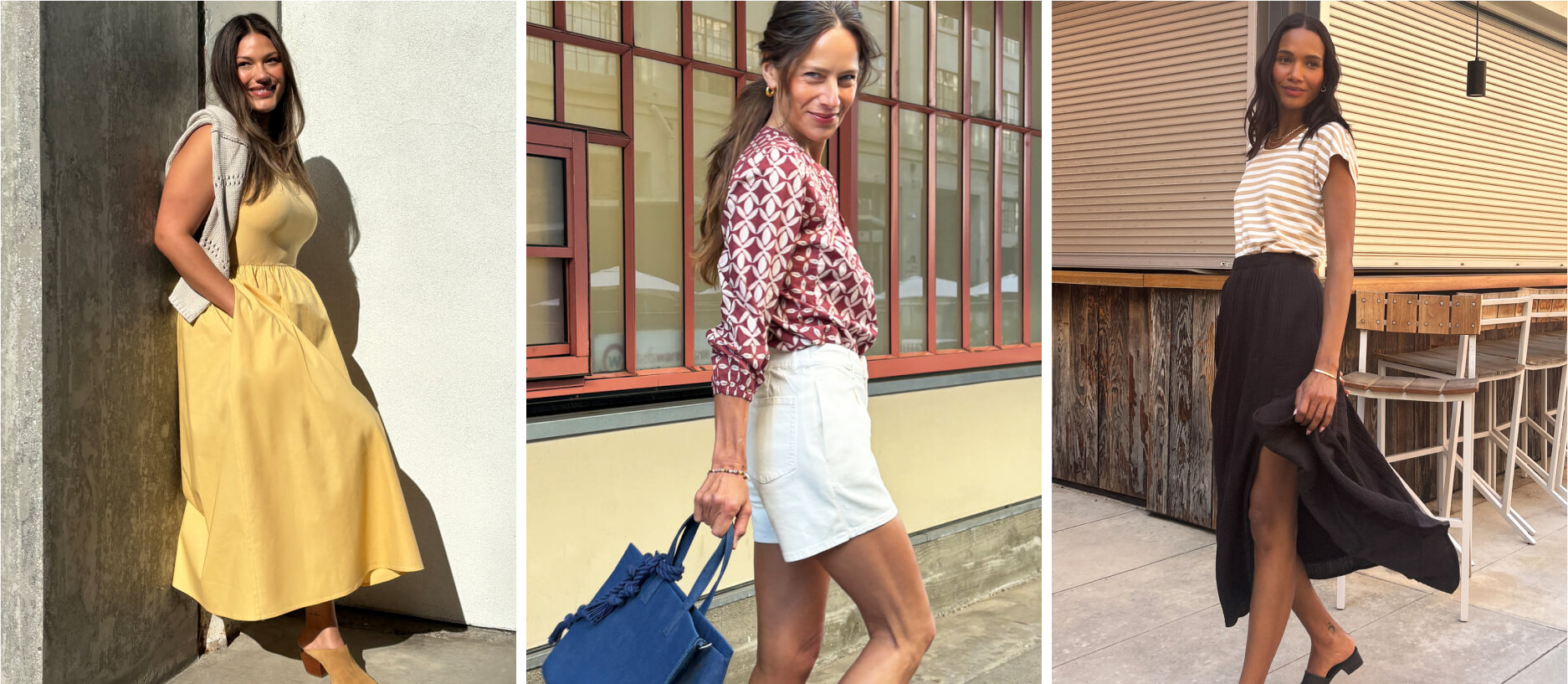 women in boho outfits for the summer including a yellow dress, shorts with a blouse, and black skirt with striped shirt